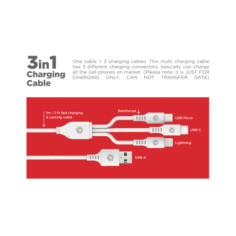 PowerPeak ECONOMY 3 in 1 Cable 3 ft USB-A to Micro, Lightning, and USB-C - White - Image 5