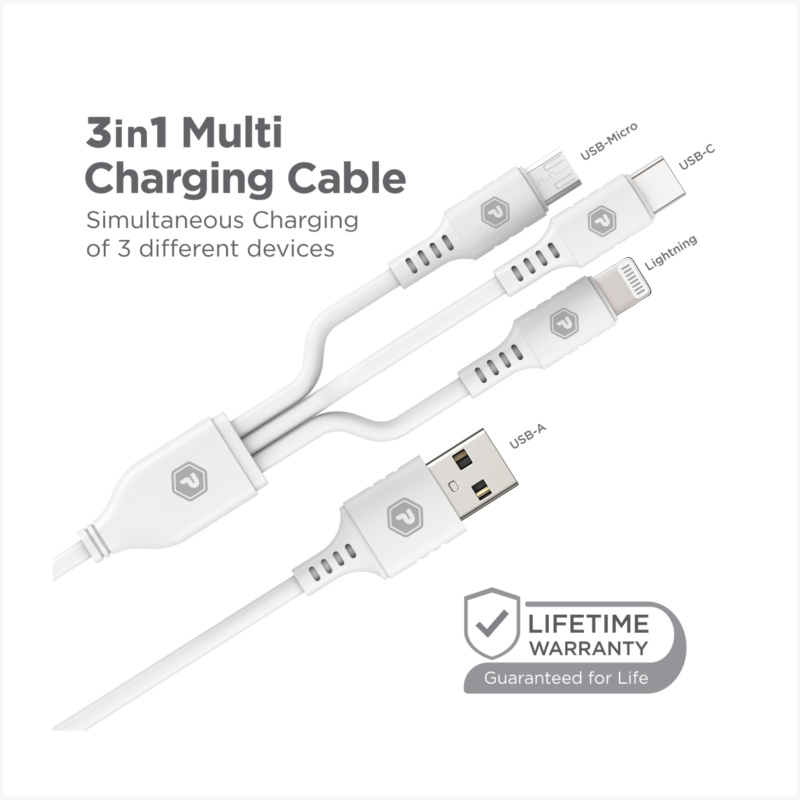 PowerPeak ECONOMY 3 in 1 Cable 3 ft USB-A to Micro, Lightning, and USB-C - White - Image 4