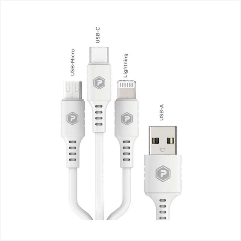 PowerPeak ECONOMY 3 in 1 Cable 3 ft USB-A to Micro, Lightning, and USB-C - White - Image 3