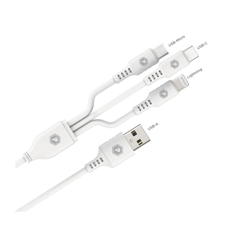 PowerPeak ECONOMY 3 in 1 Cable 3 ft USB-A to Micro, Lightning, and USB-C - White - Image 2