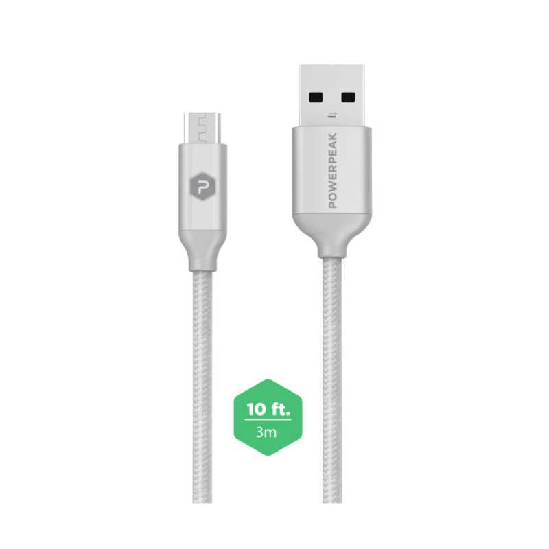 PowerPeak 10ft. Braided Nylon Metallic Micro USB Charge & Sync Cable - Silver - Image 3