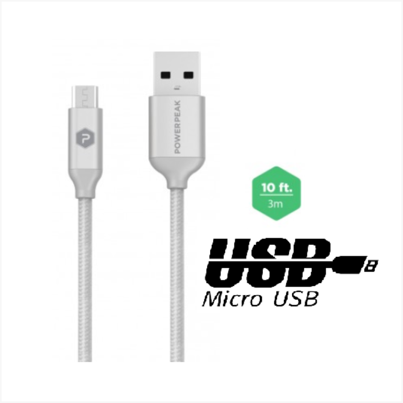 PowerPeak 10ft. Braided Nylon Metallic Micro USB Charge & Sync Cable - Silver - Image 2