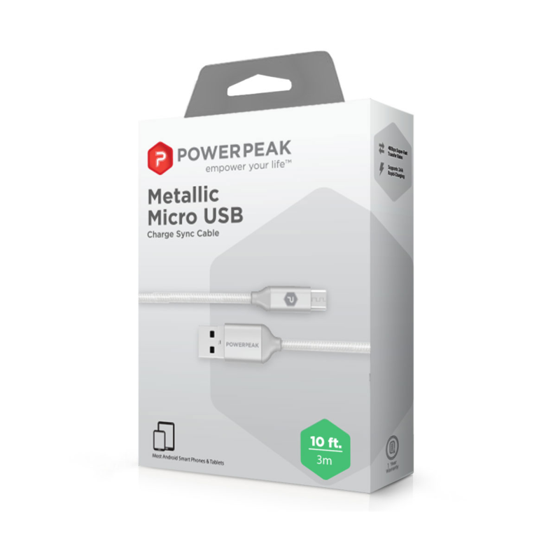 PowerPeak 10ft. Braided Nylon Metallic Micro USB Charge & Sync Cable - Silver - Image 4